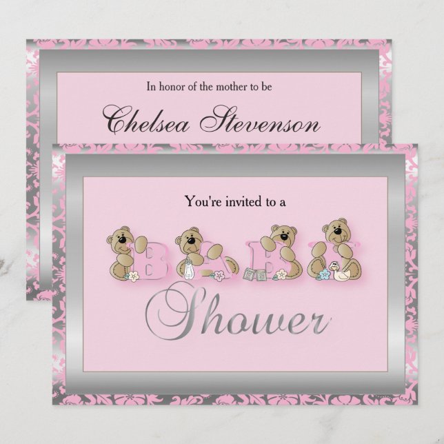 Invitation Nounours de Damas argenté et rose | Baby shower (Devant / Derrière)