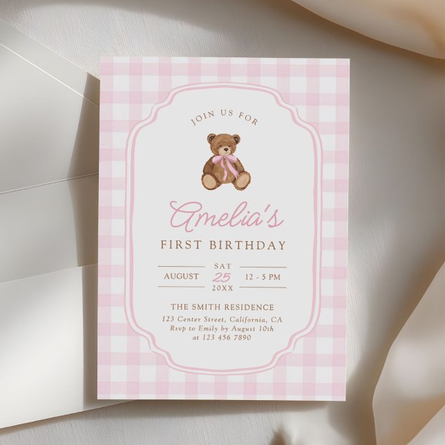 Invitation Nounours en gingham rose pour la première année de (Créateur téléchargé)
