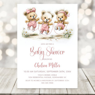 Invitation Nounours Fille Vêtus d'un Salopette à pois Roses