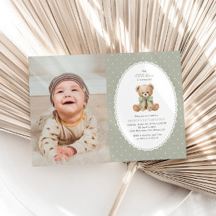Invitation Nounours, Nœud, Petits pois verts, Premier anniver