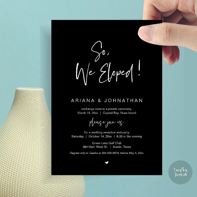 Invitation Nous avons donc Elopé, Elopement Mariage, en Taupe (So, We Eloped, Modern Wedding Elopement Dinner Invitation Card, PDF, in Classy Black)