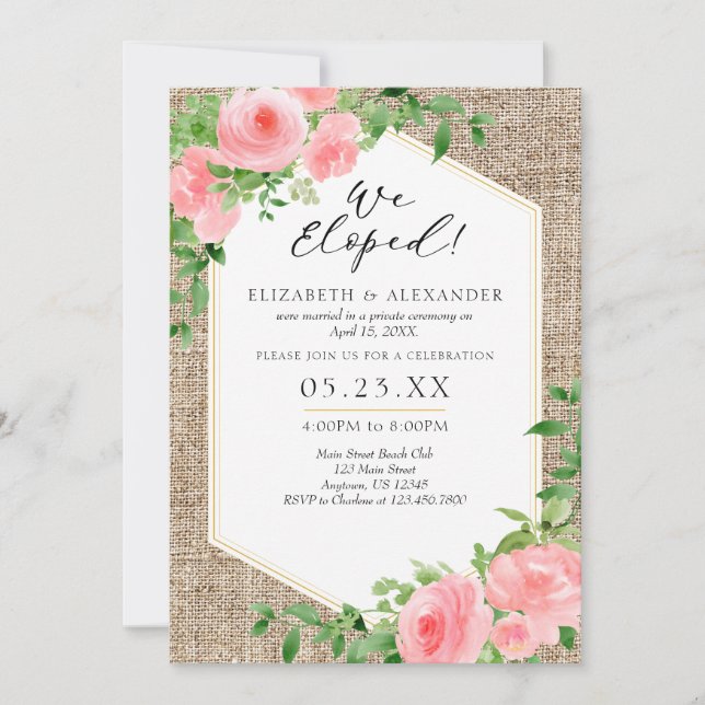 Invitation Nous Avons Échappé Burlap Rose Floral Mariage Elop (Devant)