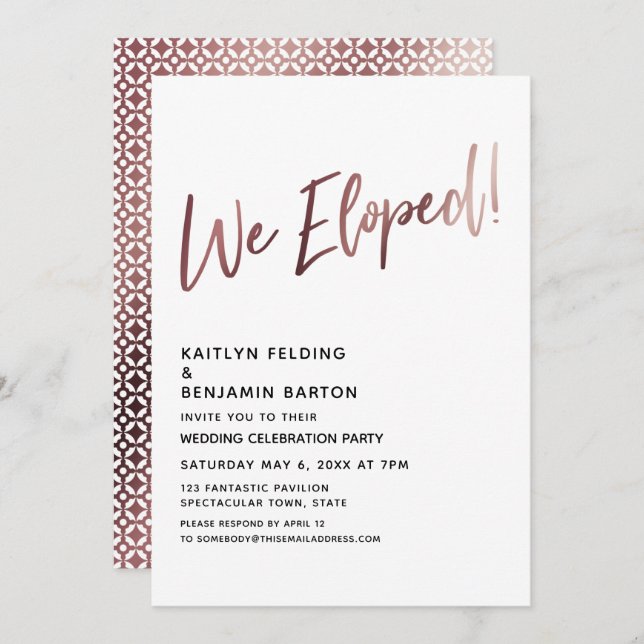 Invitation Nous Avons Échappé ! Réception rose Gold Wedding (Devant / Derrière)