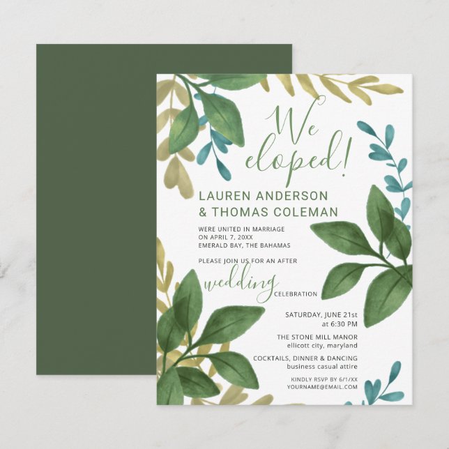 Invitation Nous Avons Elopé Aquarelle Feuilles Mariage Récept (Devant / Derrière)