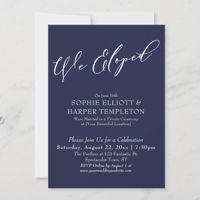 Invitation Nous avons élopé, élégante Simple Navy Blue Celebr (Devant)