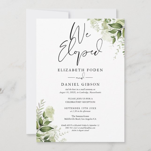 Invitation Nous Avons Elopé Mariage Vows Verdure Fête Florale (Devant)