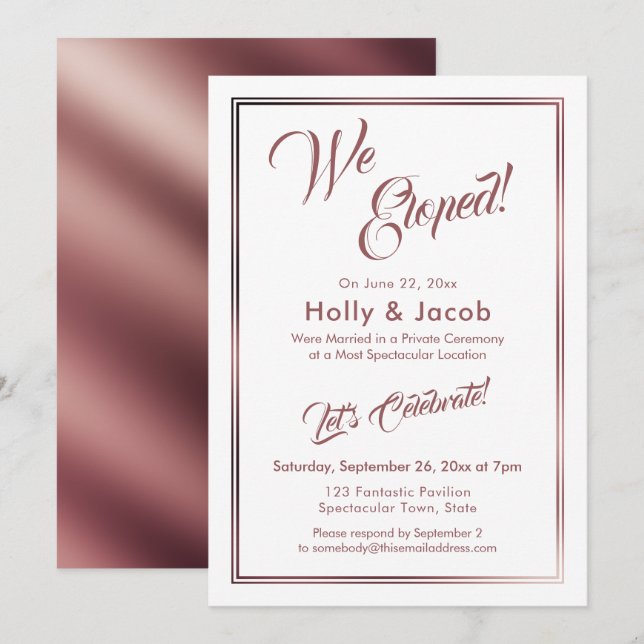 Invitation Nous Avons Elopé Rose Gold sur la réception blanch (Devant / Derrière)