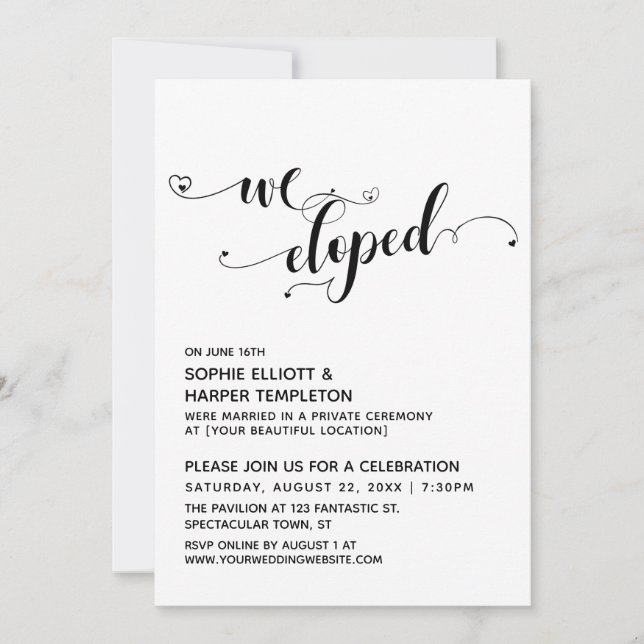 Invitation Nous avons Eloped Black & White Script avec récept (Devant)