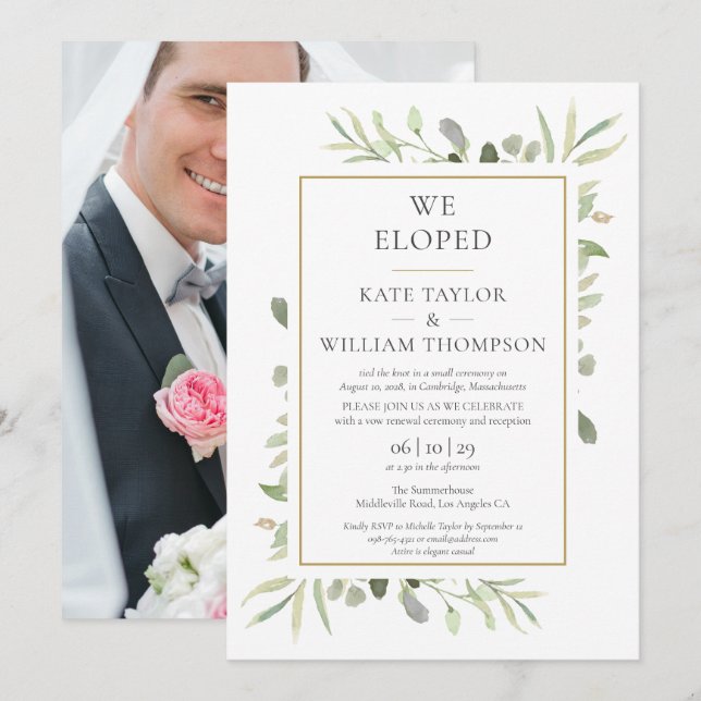 Invitation Nous avons Eloped Greenery Mariage photo (Devant / Derrière)