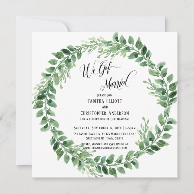 Invitation Nous Avons Été Mariés Green Wreath Réception Seule (Devant)