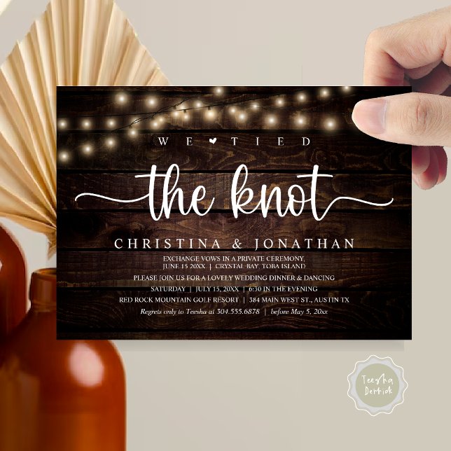 Invitation Nous Avons Lié Le Knot, Rustique Dîner Mariage Elo (We Tied The Knot, Rustic Wedding Dinner Elopement Invitation card, pdf, in cottage dark wood)