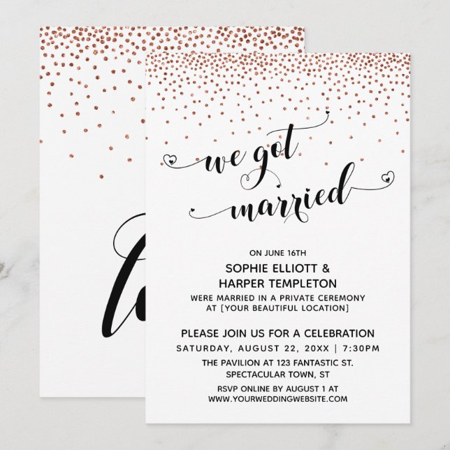 Invitation Nous Avons Marié Coeurs Script Copper Confetti Par (Devant / Derrière)