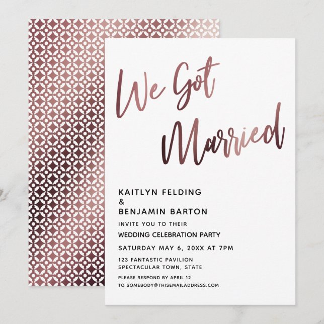 Invitation Nous Avons Marié Rose Gold Mariage Réception (Devant / Derrière)