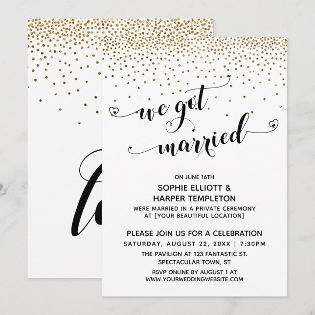 Invitation Nous Avons Marié Script, Gold Confetti, Réception (Devant / Derrière)