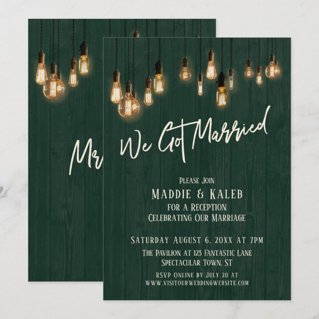 Invitation Nous Avons Marié Vert foncé Bois Éclairé Edison (Devant / Derrière)
