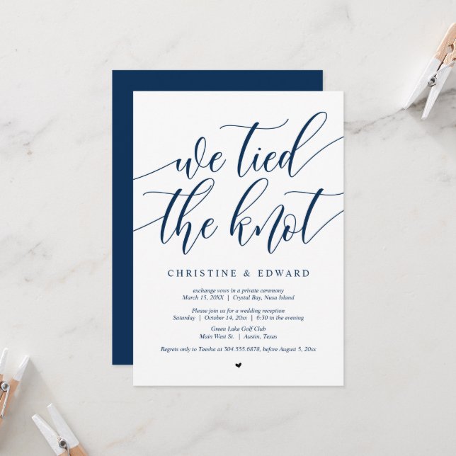 Invitation Nous avons noué le nœud, Fête de Mariage en Intime (Devant/Arrière en situation)