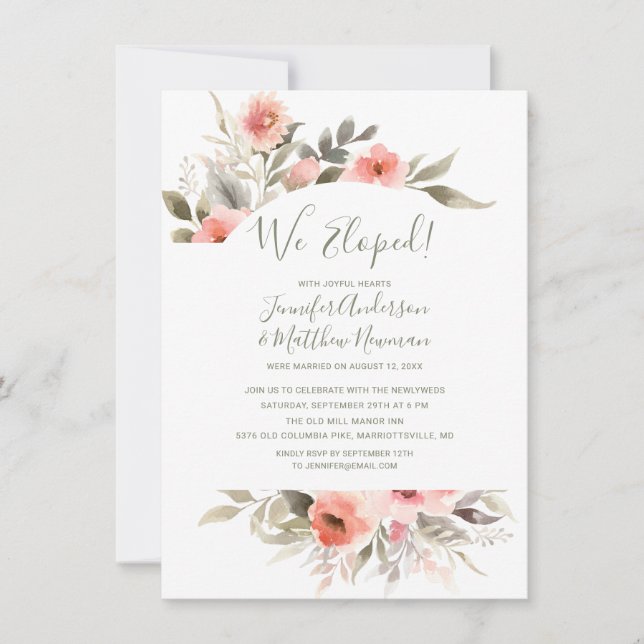 Invitation Nous Elopé Aquarelle Mariage Blush Rose réception (Devant)