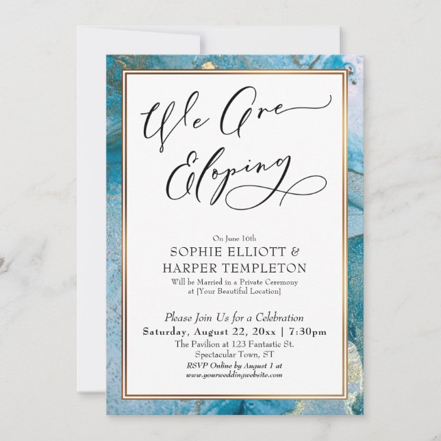 Invitation Nous Elopons Réception Turquoise & Gold Enk Seulem (Devant)