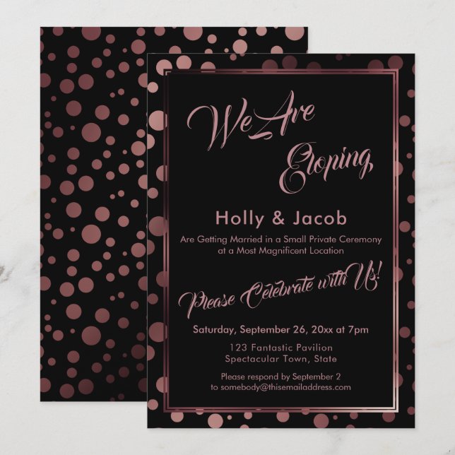 Invitation Nous élopons Rose Gold Confetti Bubbles & Black (Devant / Derrière)