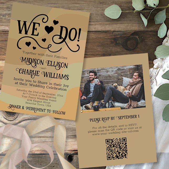Invitation Nous faisons Earthtone Retro Spirls QR Code Photo  (In Situ Front and Back)