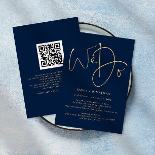Invitation Nous faisons Gold Script QR Code Marine Blue Maria
