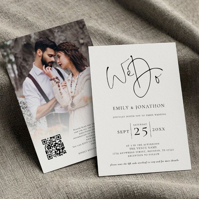Invitation Nous faisons Script Photo Overlay QR Black White M (front and back view)