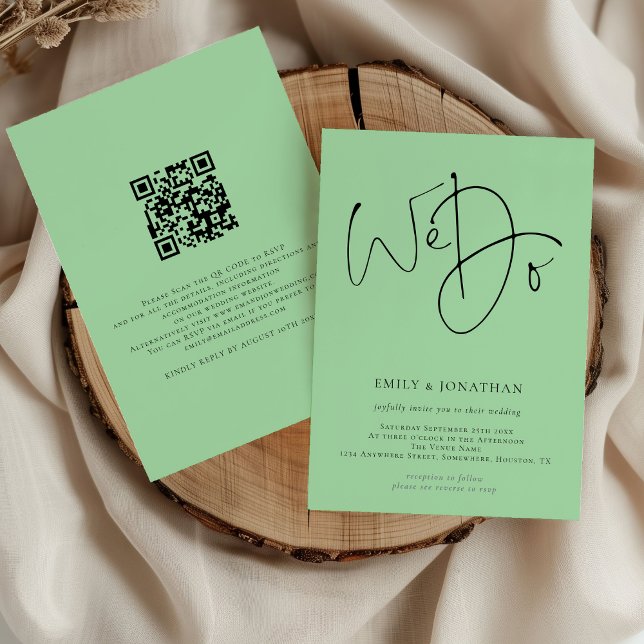 Invitation Nous faisons Script QR Code Celadon Mariage vert (Front and back view)