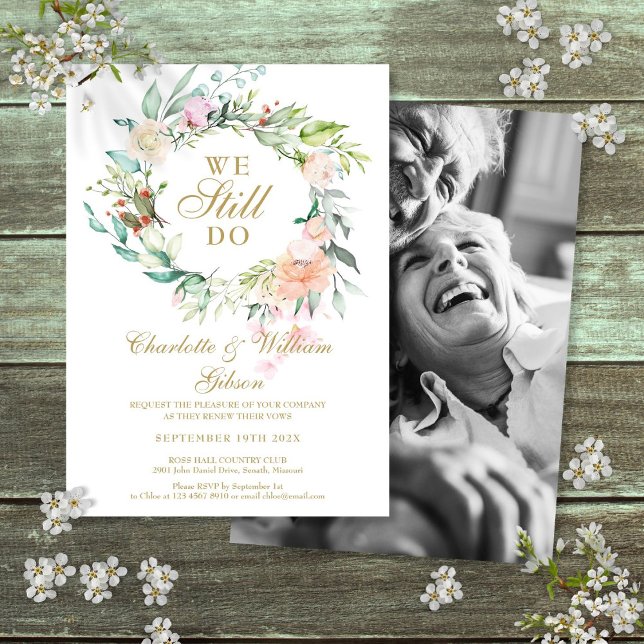 Invitation Nous faisons toujours la rénovation de vœux de fle (We Still Do Vow Renewal Floral Garland Photo Invitation)