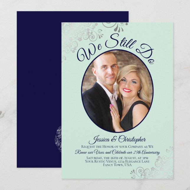 Invitation Nous faisons toujours Mint Green & Navy Mariage Vo (Devant / Derrière)