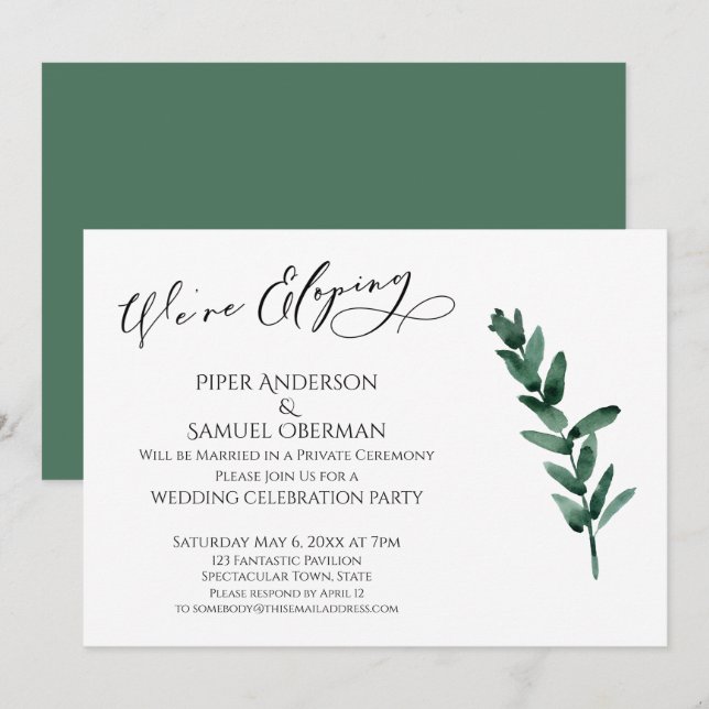 Invitation Nous Fuyons en Amoureux Feuilles Peintes en Vert S (Devant / Derrière)