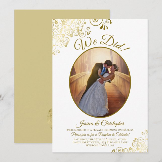 Invitation Nous l'avons fait ! Réception de mariage Gold & Wh (Devant / Derrière)