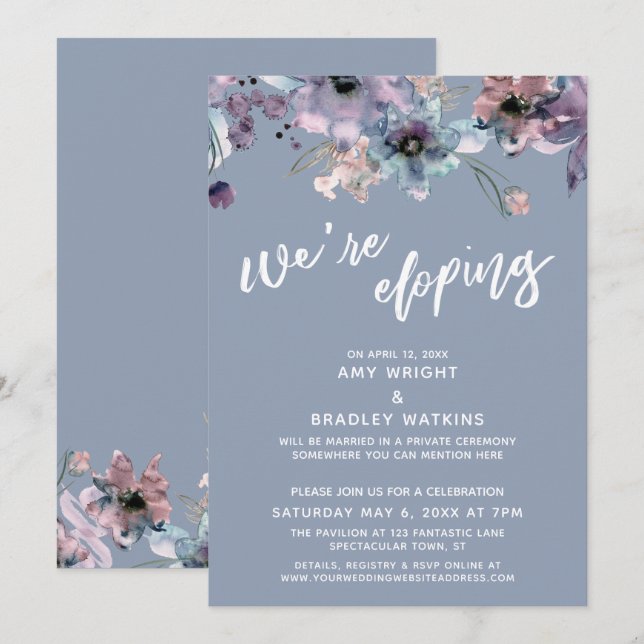 Invitation Nous nous enfuyons Script Fleurs aquarelles bleu p (Devant / Derrière)