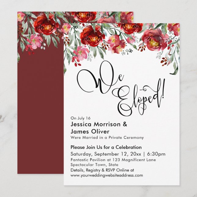 Invitation Nous nous sommes enfuis Typographie Fleurs rouges  (Devant / Derrière)