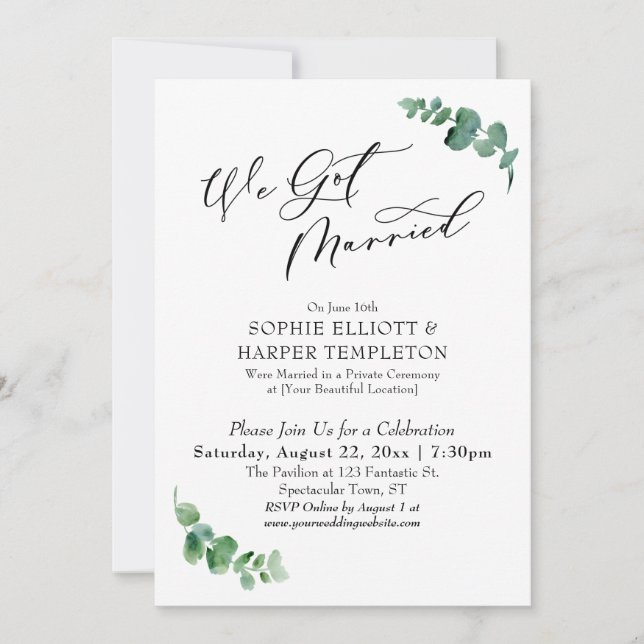 Invitation Nous Nous Sommes Mariés Réception Simple Eucalyptu (Devant)