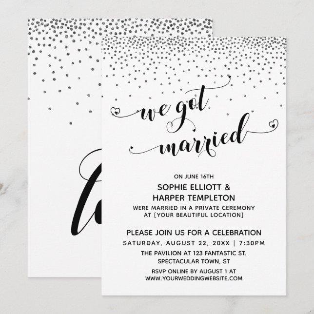 Invitation Nous Nous Sommes Mariés Script Argent Confetti Réc (Devant / Derrière)