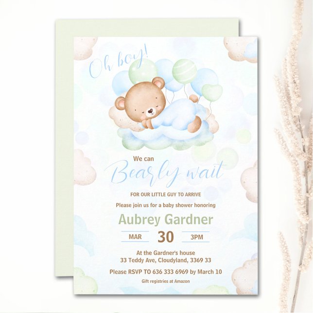Invitation Nous pouvons à peine attendre Ours Bleu Vert Garço (We Can Bearly Wait Bear Blue Green Boy Baby Shower Invitation)
