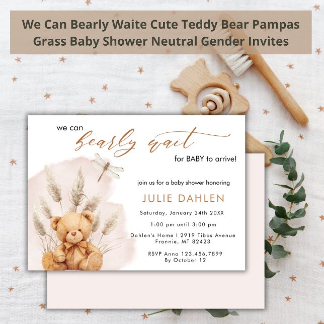 Invitation Nous Pouvons Attendre Pampas Baby shower Ours D'He (Créateur téléchargé)