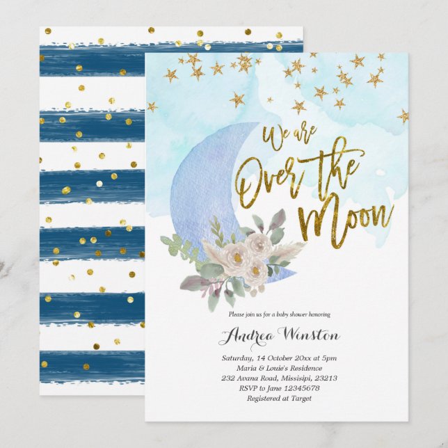 Invitation Nous sommes au-dessus de la lune Baby shower bleu  (Devant / Derrière)
