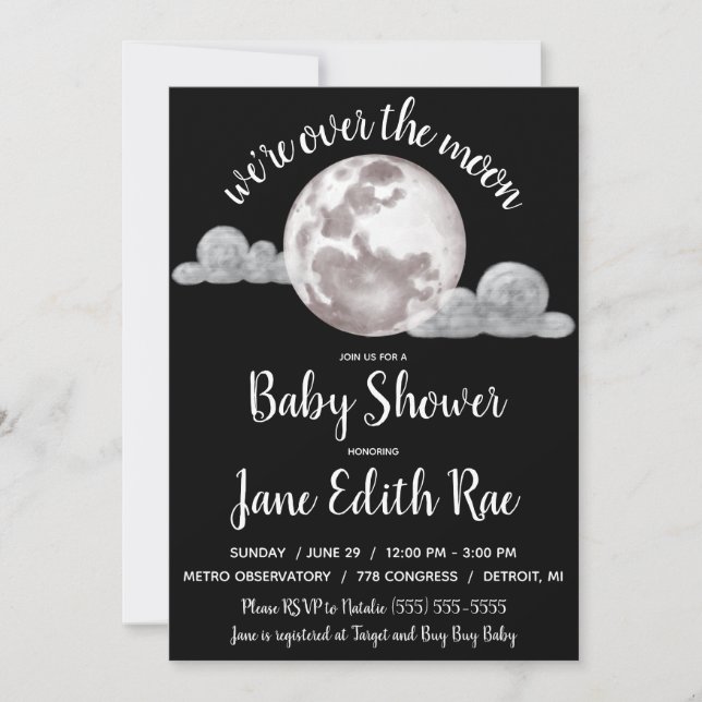 Invitation Nous sommes au-dessus de la Lune, Baby shower noir (Devant)