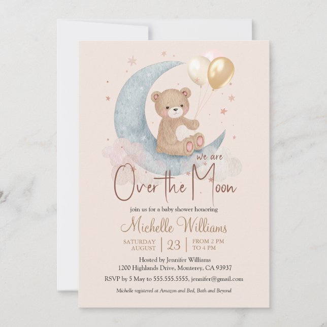 Invitation Nous Sommes Au-Dessus Du Baby shower Lune Teddy Be (Devant)