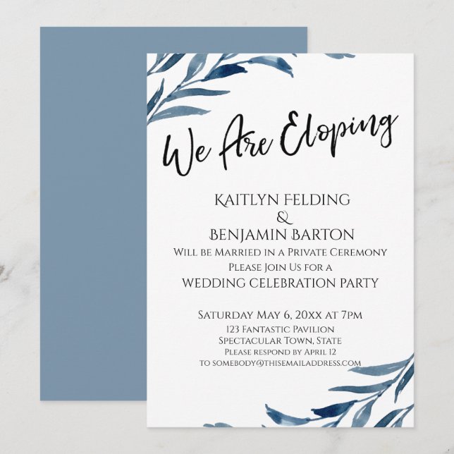 Invitation Nous Sommes Eloping Bleu Peint Feuille Réception u (Devant / Derrière)