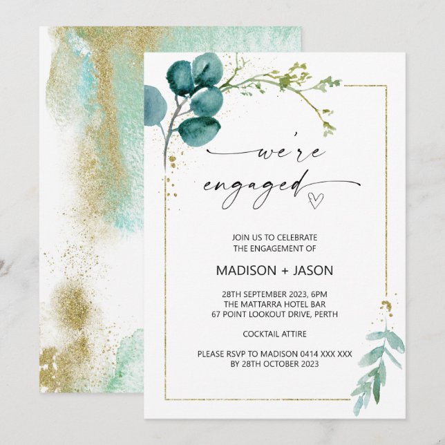 Invitation Nous sommes Engaged Engagement Party Green and Gol (Devant / Derrière)