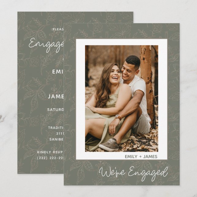 Invitation Nous sommes engagés Photo Green Floral Engagement  (Devant / Derrière)