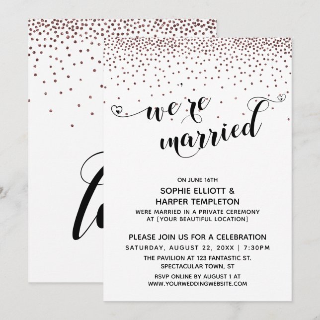 Invitation Nous sommes mariés Écriture Or Rose Confettis Réce (Devant / Derrière)