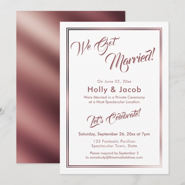 Invitation Nous sommes mariés Rose Gold Over White, Réception (Devant / Derrière)