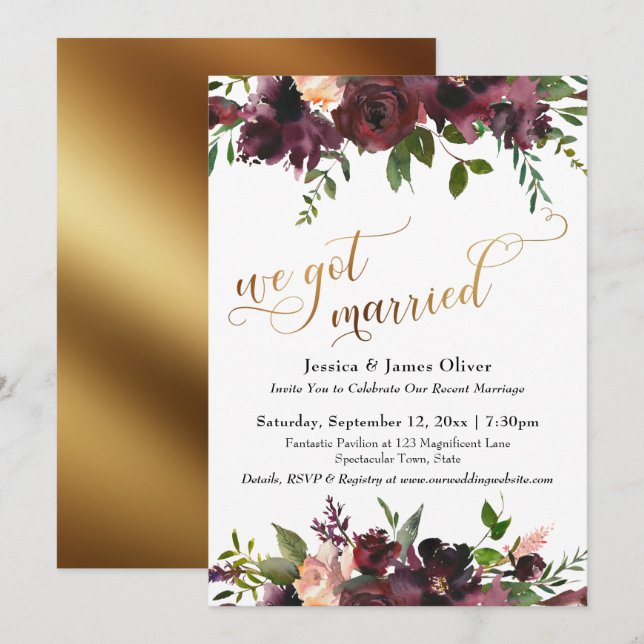 Invitation Nous sommes mariés Rouge Bourgogne Foncé Floral &  (Devant / Derrière)