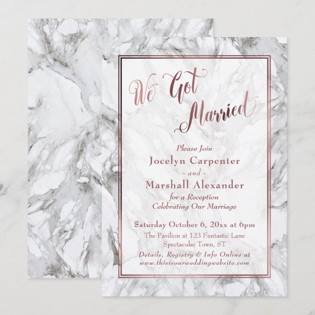 Invitation Nous sommes mariés Script Rose Gold en marbre de l (Devant / Derrière)