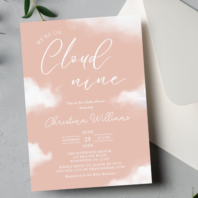 Invitation Nous sommes sur Cloud 9 Baby shower rose Invitatio (Créateur téléchargé)