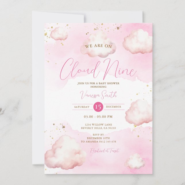 Invitation Nous Sommes Sur Cloud Neuf Baby shower Rose Partie (Devant)
