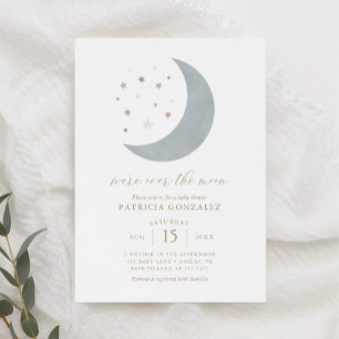 Invitation Nous sommes sur la Lune Blue Gold Boy Baby shower 